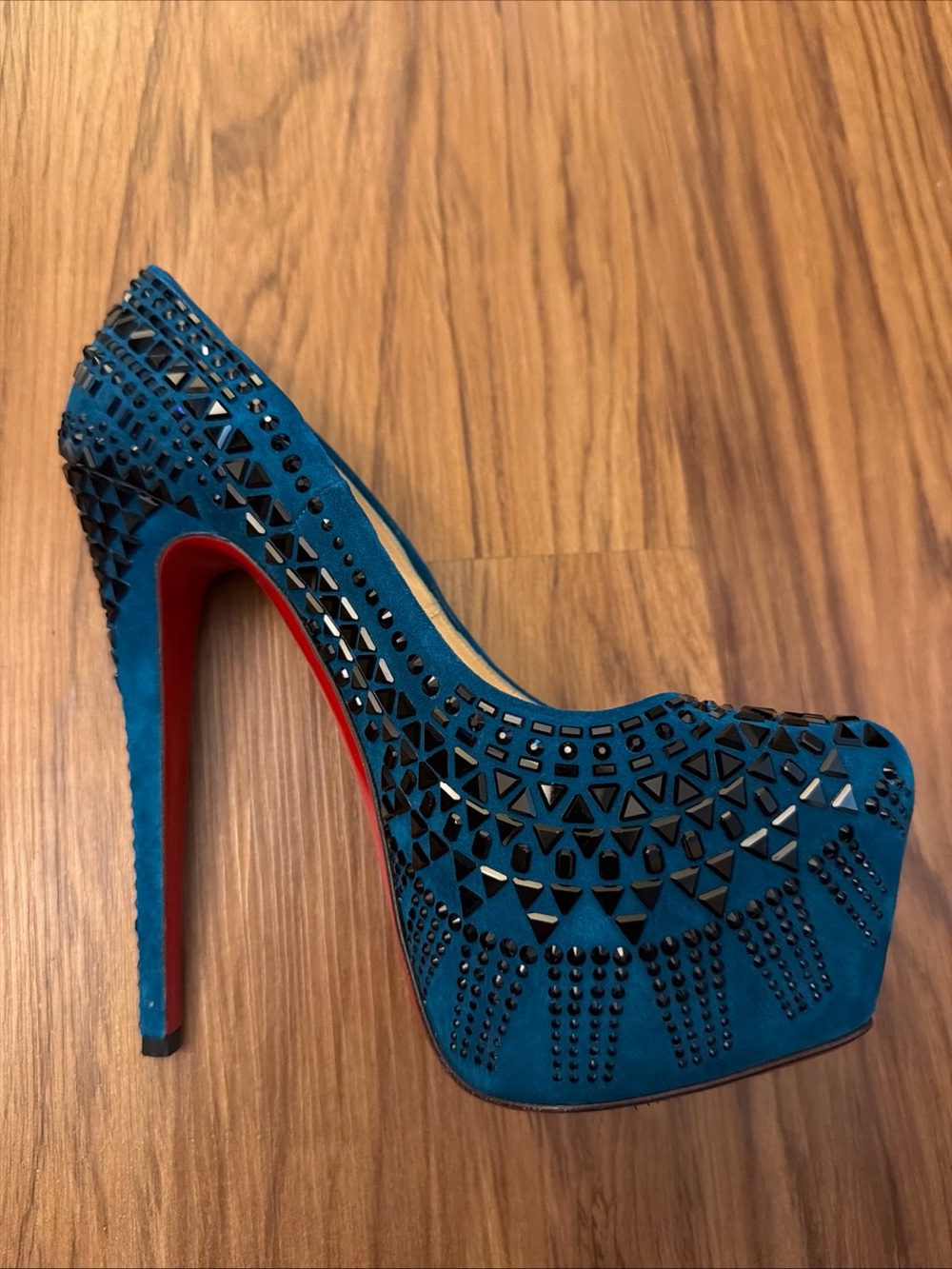 Christian Louboutin Decora Strass Teal Blue Suede Crystal Platform Pumps 38 - Picture 4 of 13